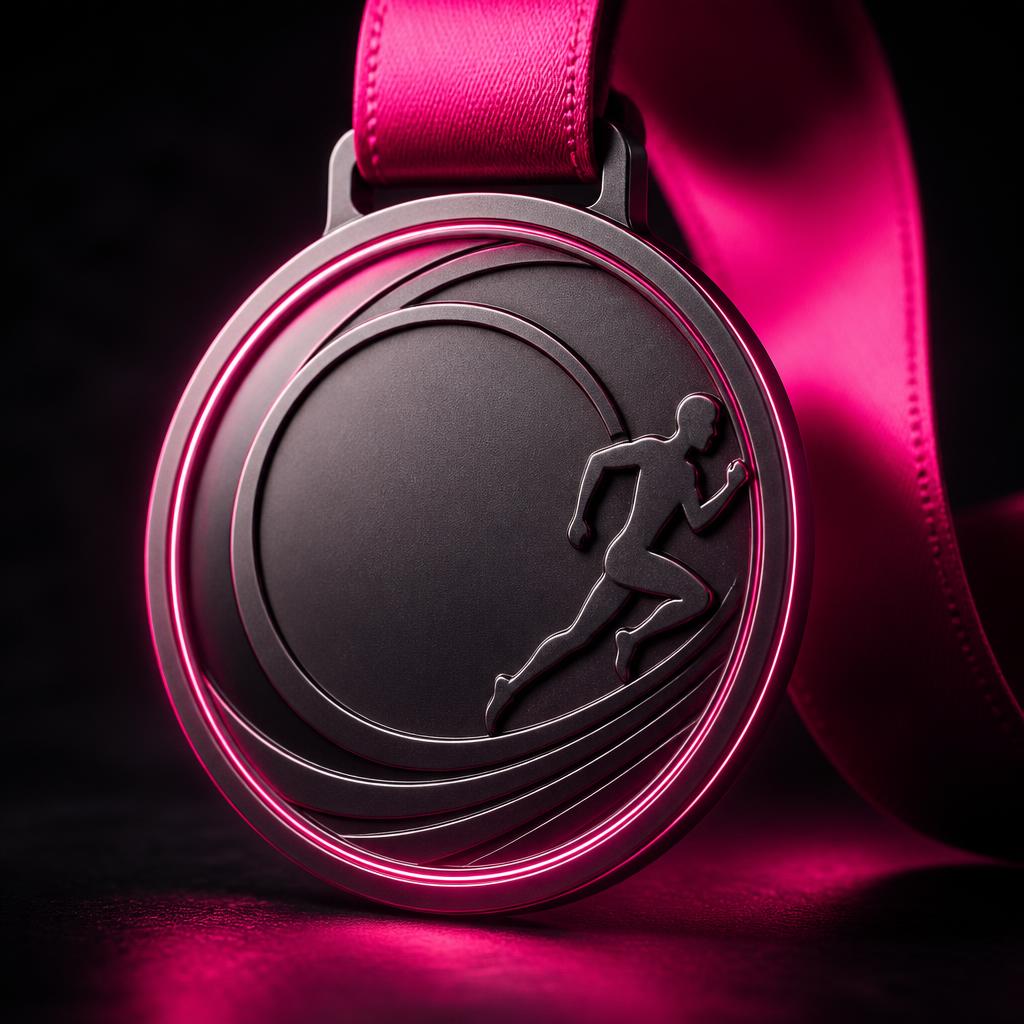 Medalha exclusiva da Nova Run com fita rosa